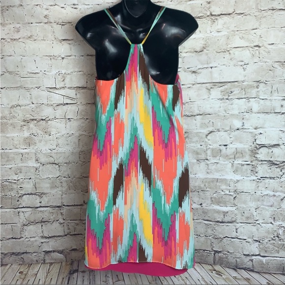 JUDITH MARCH MULTICOLOURED MINI DRESS SPAGHETTI STRAPS TWO LAYERS in size small - Picture 3 of 7